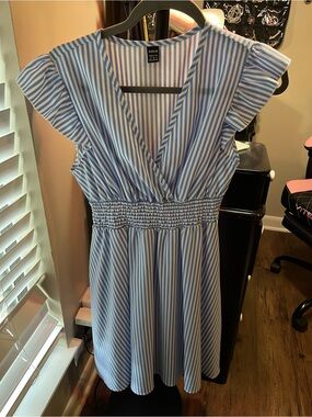 SHEIN Blue & White Striped V-Neck Smocked Midi Dress